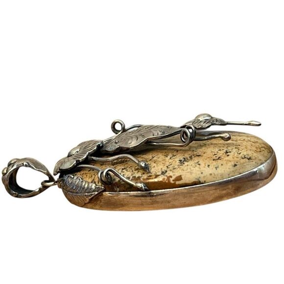 Artisan Large Sterling Silver Picture Jasper Pendant Tan Quartz Flower Necklace - Picture 4 of 8